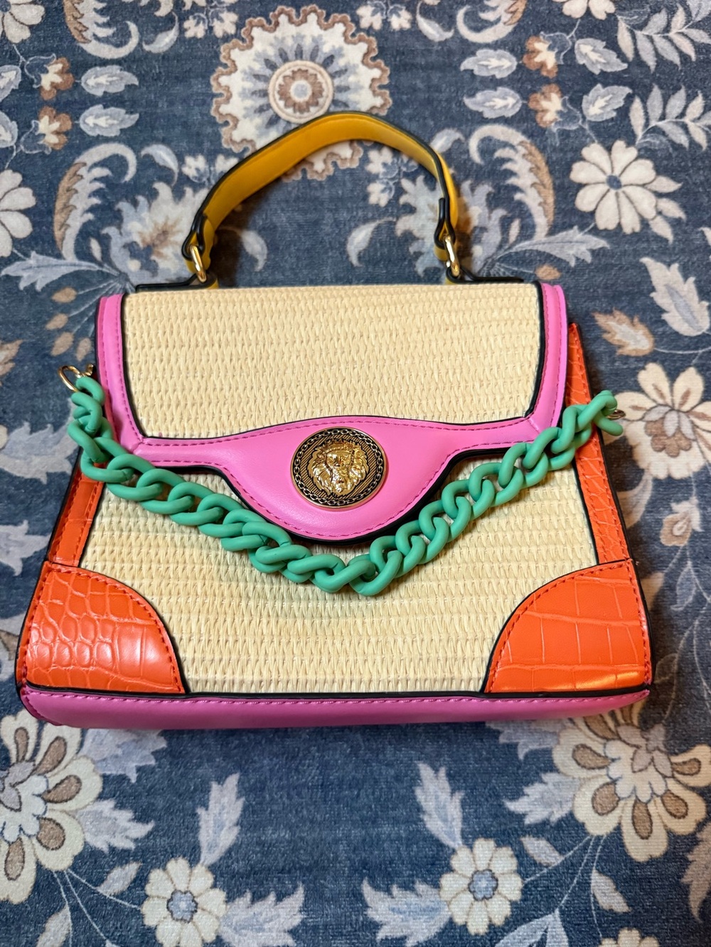 Aldo Multicolor Bright Straw Woven TopHandle Chunky Chain Handbag Crossbody Bag